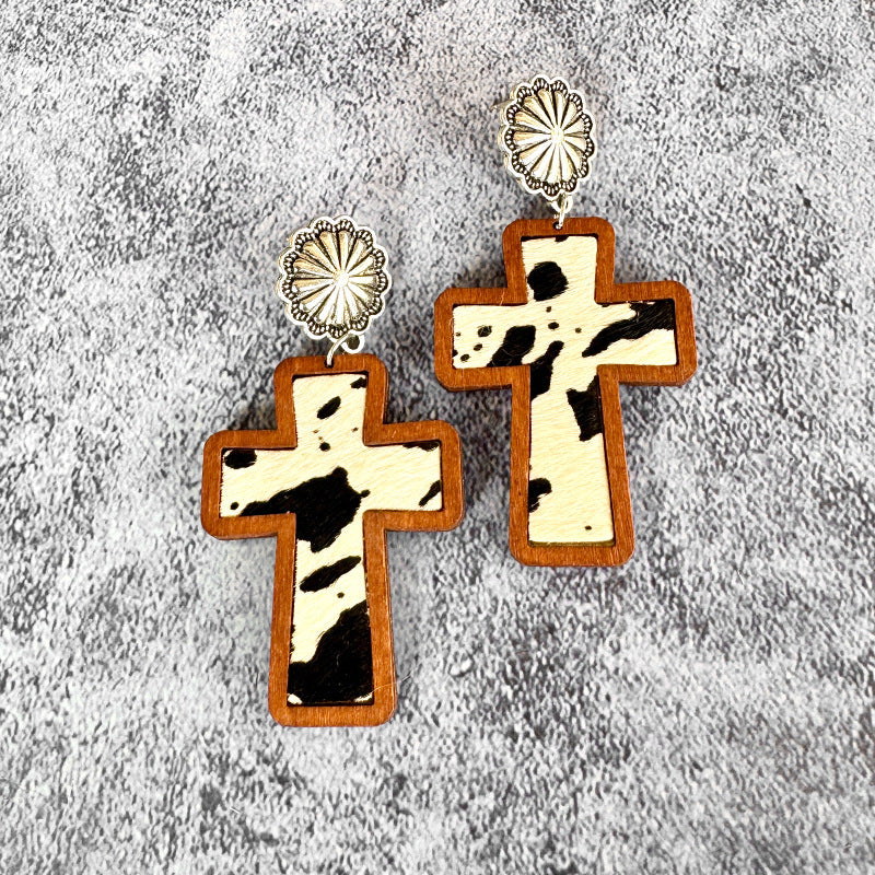 Wholesale Wooden and leather cross leopard print earrings