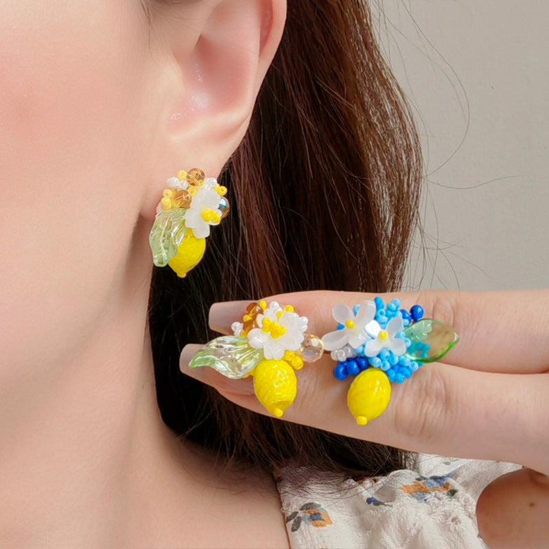 Wholesale Sea Salt Flower Woven Lemon Earrings - Handmade Acrylic Fashion Accessory for Gift or Everyday Wear