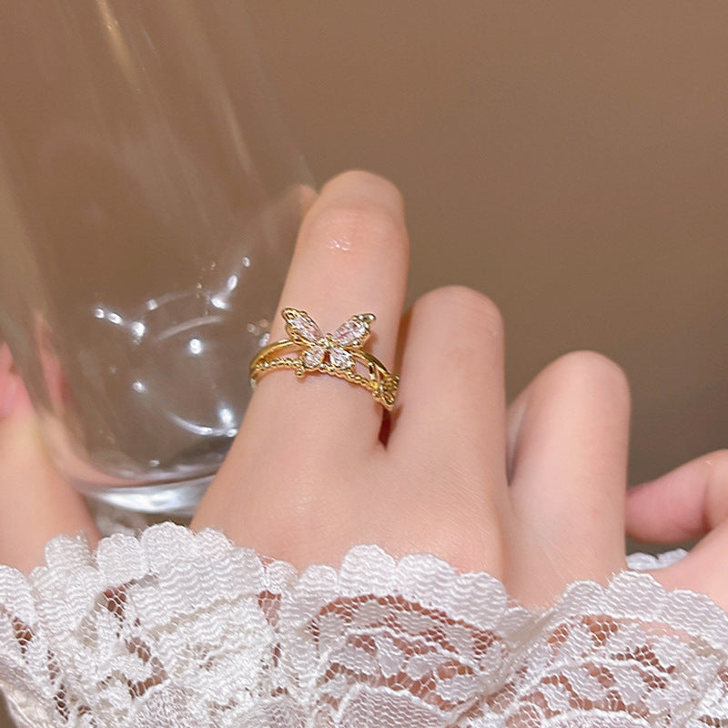 Wholesale Stylish Butterfly Ring with Zircon Gold Finish Jewelry Accessory