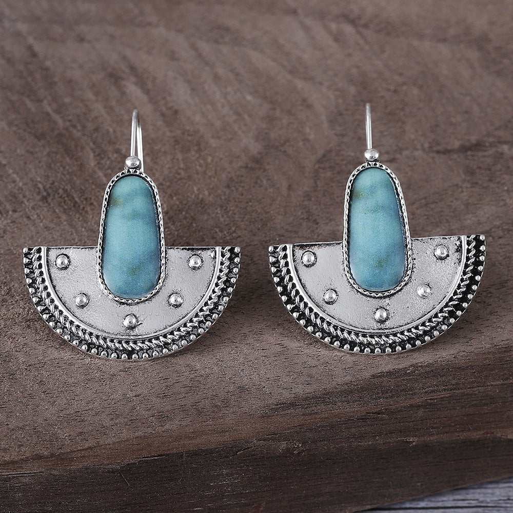 Wholesale Electroplated Zinc Alloy Semi-Circular Turquoise Earrings Ethnic Retro Fashion Accessory