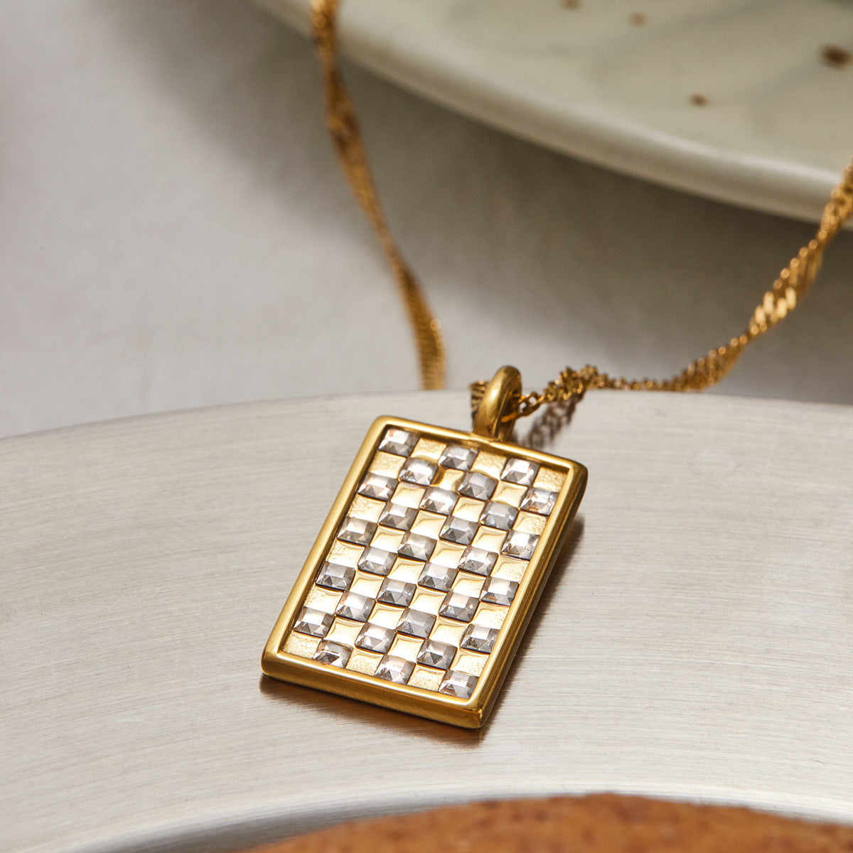 Wholesale 18K Gold  with White Diamond Rectangular Pendant Stainless Steel Necklace