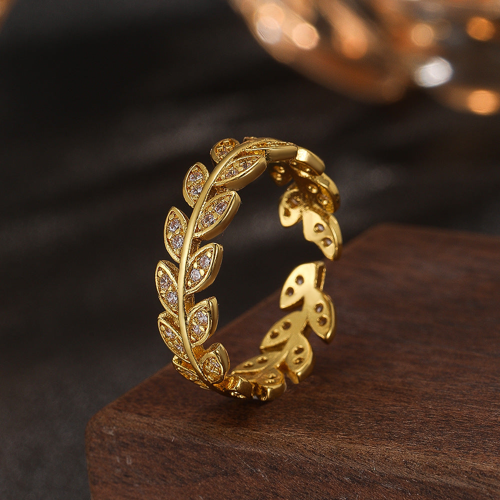 Wholesale Gold Copper Zircon Leaf Open Ring Women S Chic Fashion Jewelry Accessory
