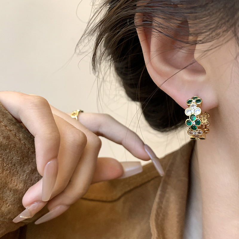 Wholesale Vintage Four-leaf Flower Green Zircon Earrings