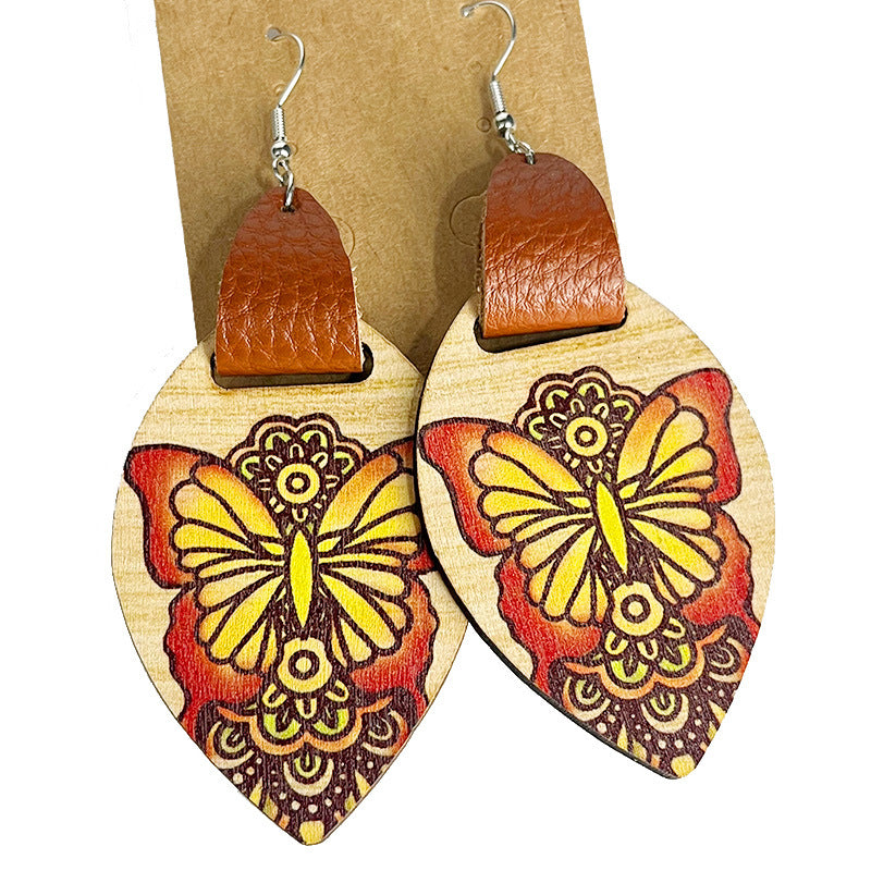 Wholesale 2 Pairs/pack Vintage Genuine Leather Bohemian Ethnic Style Sunflower Wooden Earrings ACC-ES-HY059