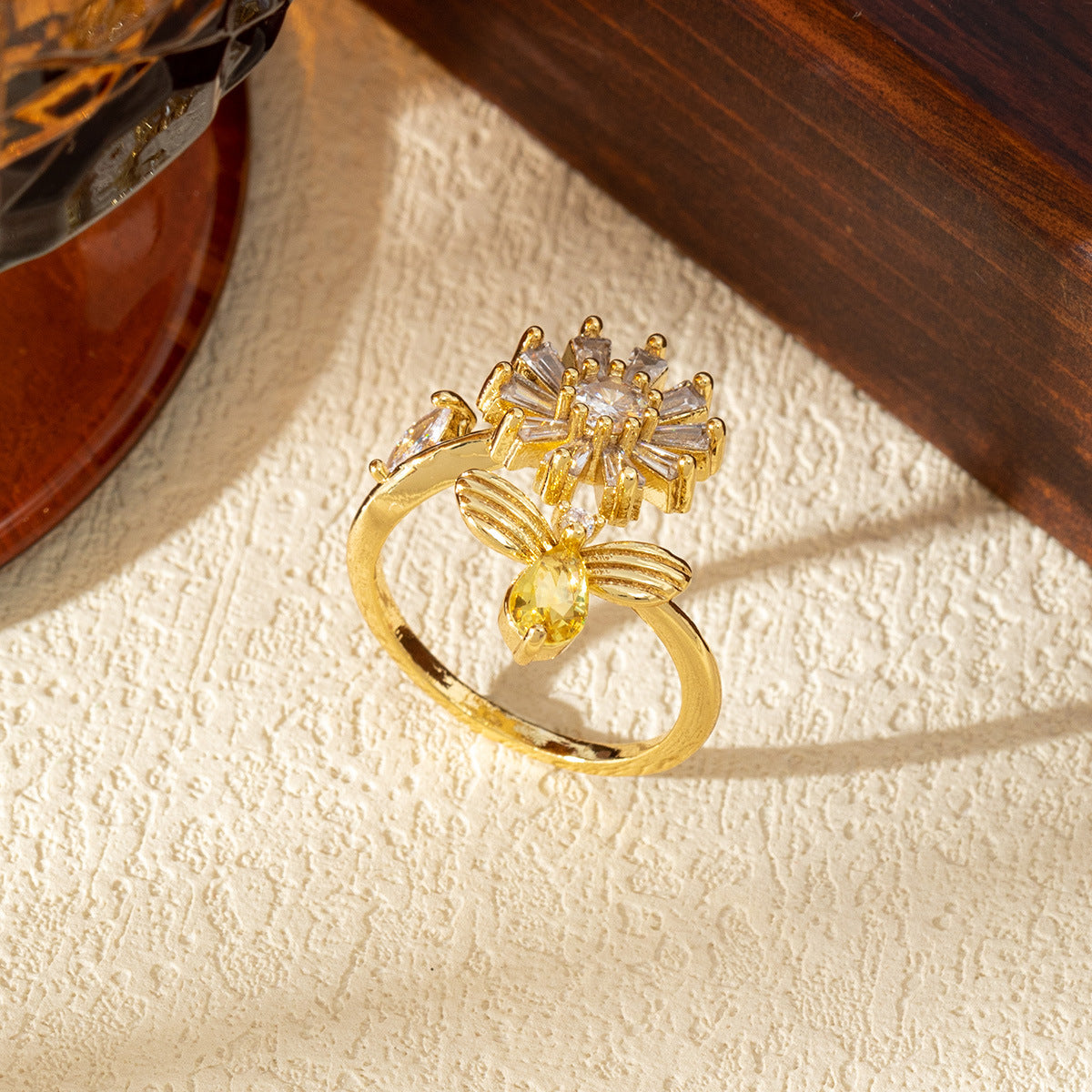 Wholesale Open Adjustable Flower Ring Copper Zircon Chic Jewelry Accessory