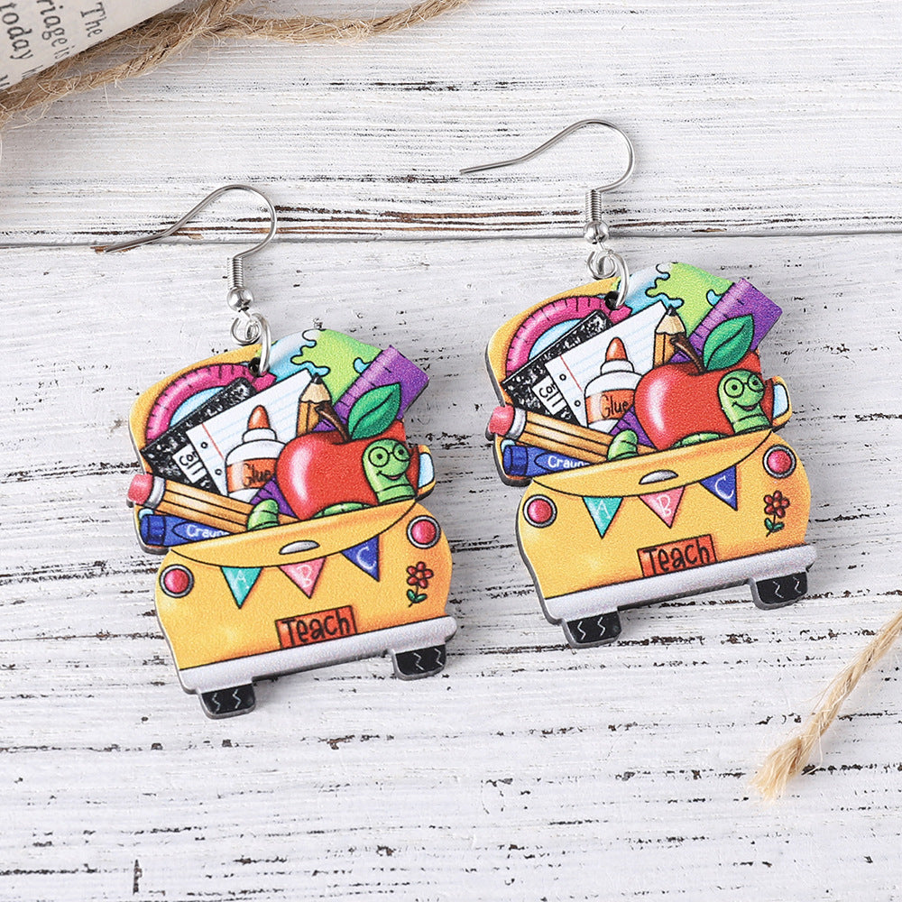 Wholesale Back To School Season Pencil Apple Crayon Wood Double Sided Earrings ACC-ES-ChuLian093
