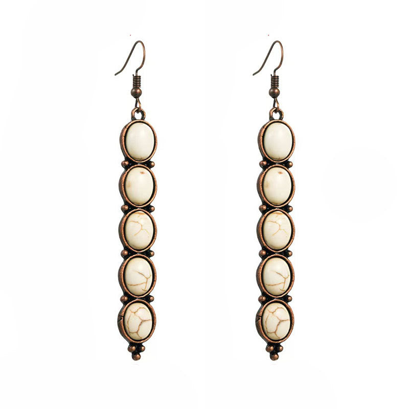 Wholesale Retro long exaggerated earrings for women alloy inlaid with white turquoise long earrings