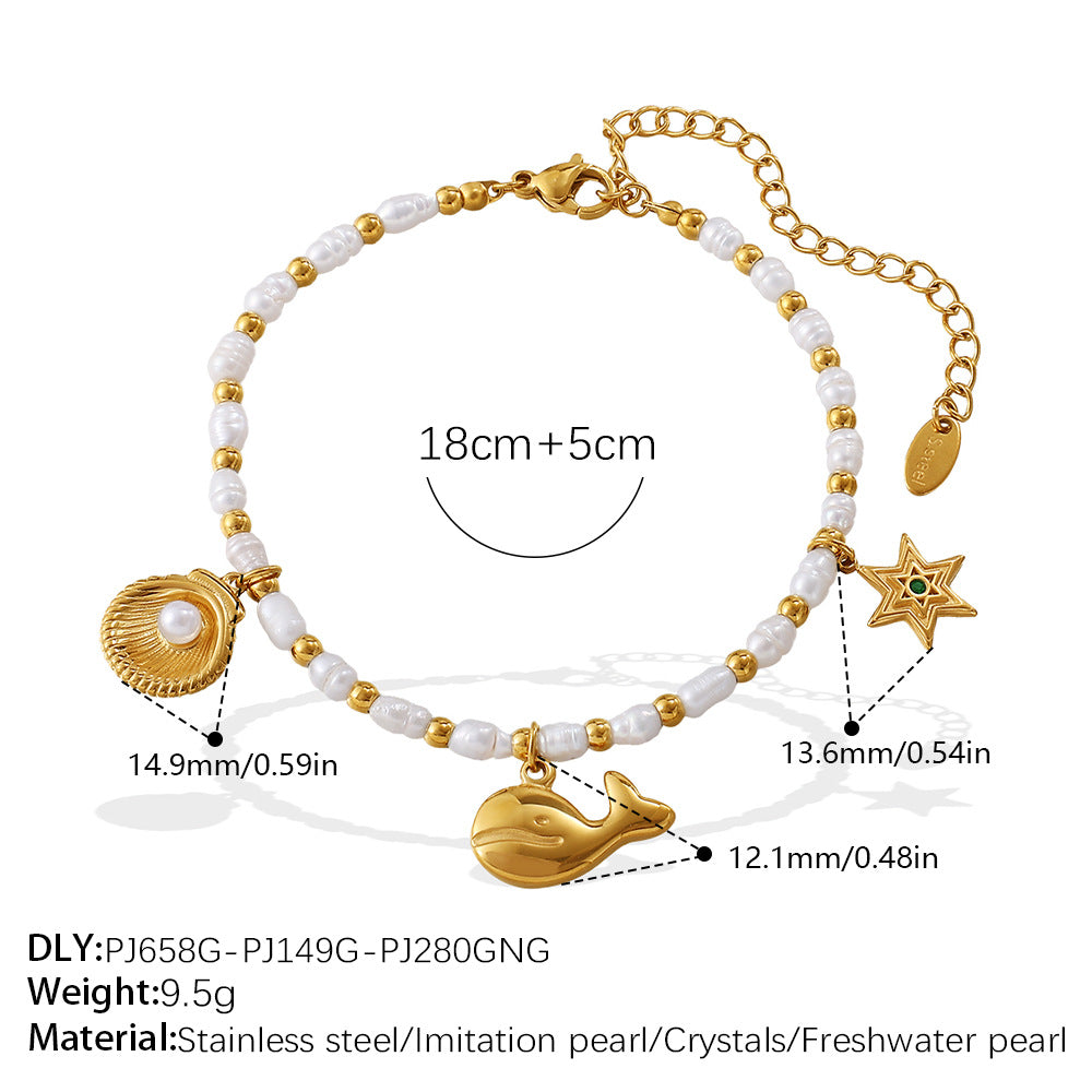 Wholesale  Fashion Creative Ocean Theme Freshwater Pearl DIY Dolphin Pendant Bracelet Plated with 18K Gold Niche Jewelry for Women