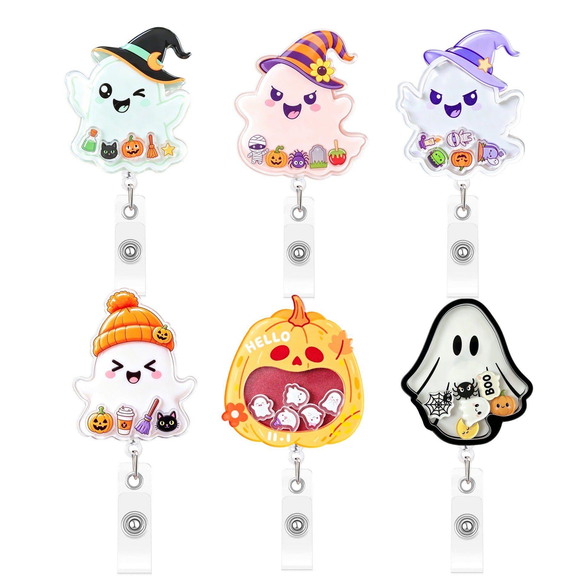 Wholesale Shake-Shake  Acrylic Ghost Pumpkin Easy-Pull Buckle Cute Telescopic ID Holder Decompression Decoration Badge Holder