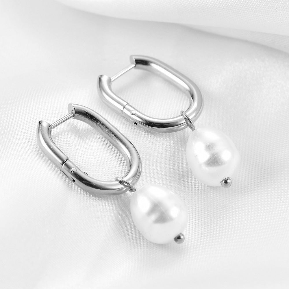 Wholesale Stainless Steel Pearl U Shape Hollow Earrings