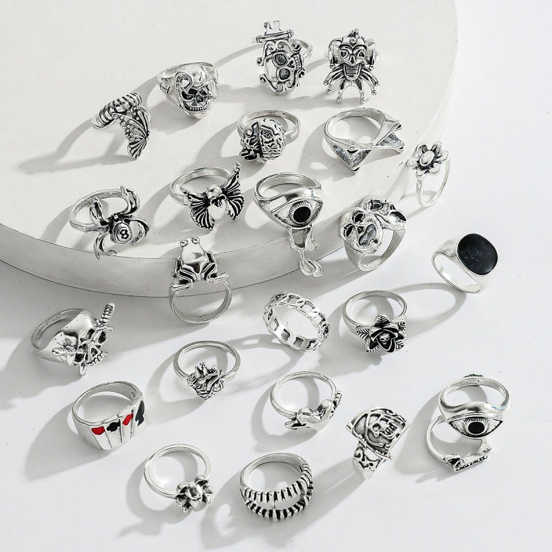 Wholesale Vintage Punk Skeleton  Ring Set 24 Piece Ancient Silver Zinc Alloy Jewelry Accessory