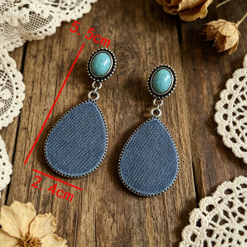 Wholesale Leather Vintage Western Bohemian Drop Earrings Turquoise Print Women' s Jewelry Accessory