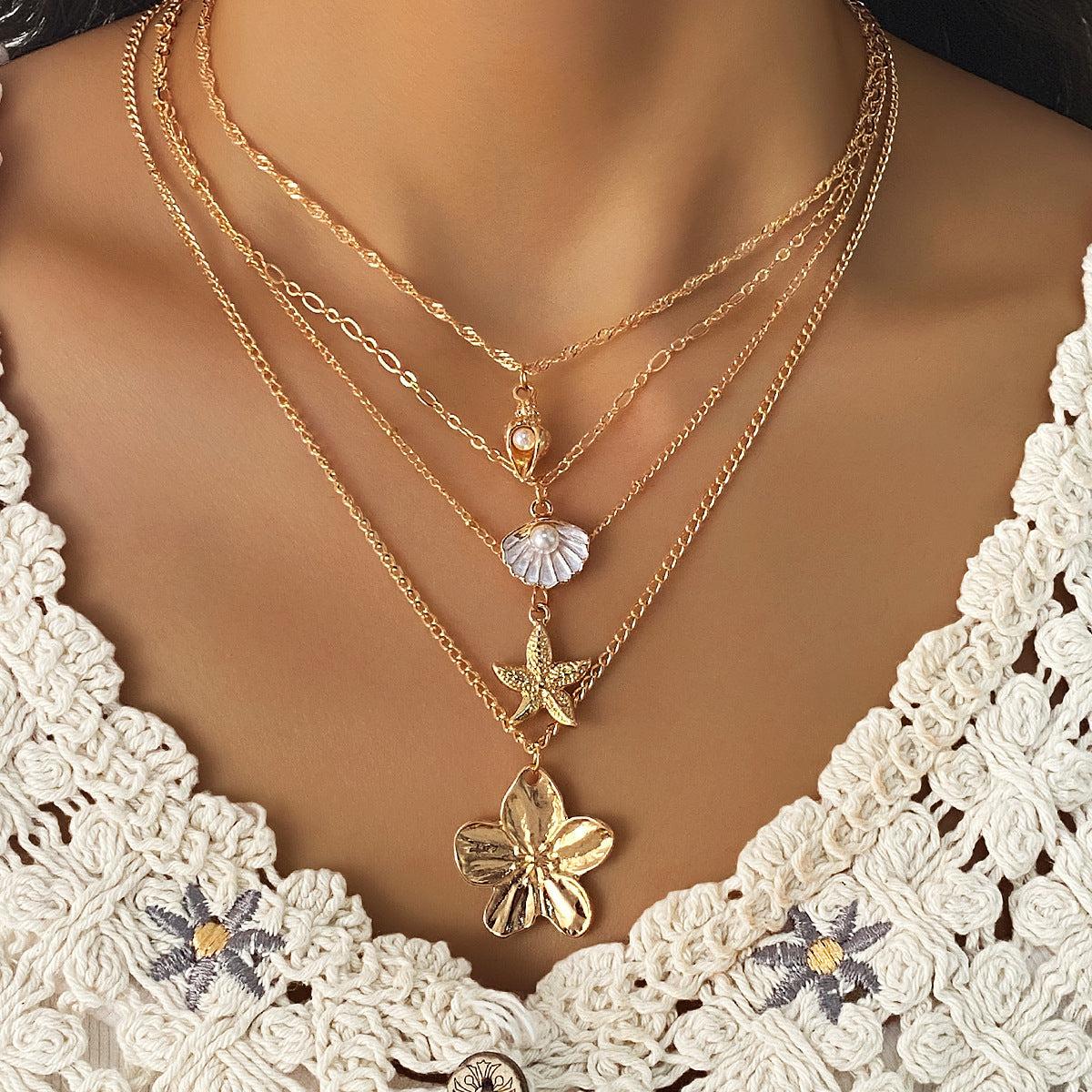 Wholesale Ocean Pearl Starfish Shell Pendant Stackable Layered Necklaces For Women Trendy Fashion Accessory Gift