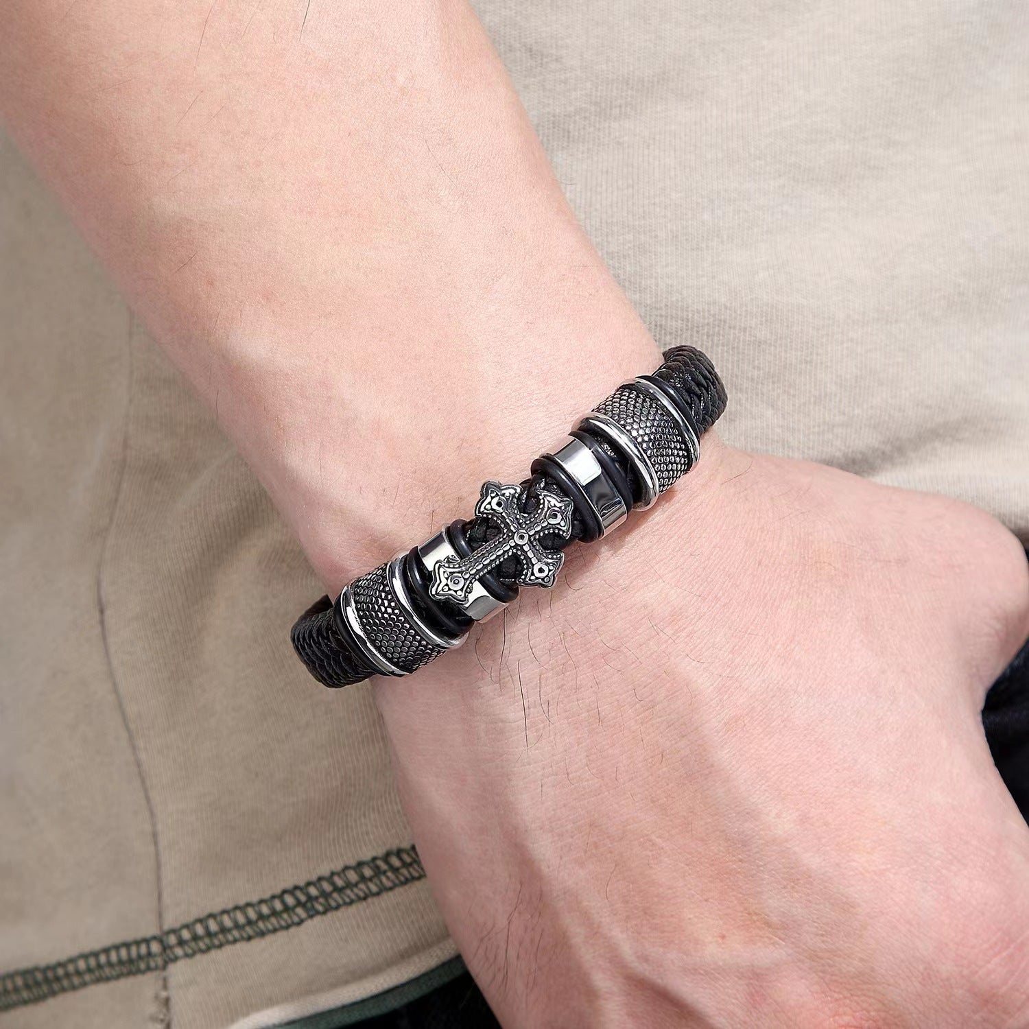 Wholesale Punk Braided Cross Men's Leather Bracelet