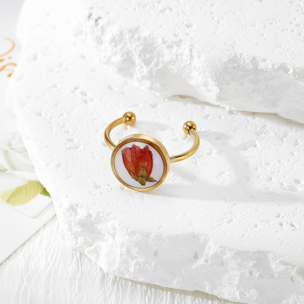 Wholesale Chic Adjustable Stainless Steel Ring With Dried Flower Boutique Resale Jewelry Accessory