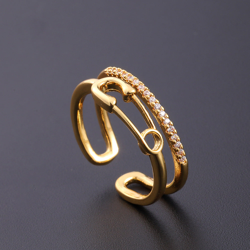 Wholesale European Fashion Sparkling Gold Plated Copper Zircon Open Ring Geometric Chic Jewelry Accessory Gift