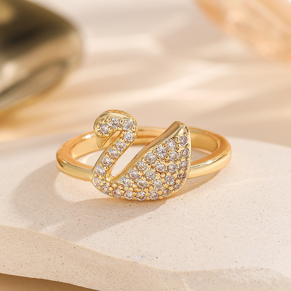 Wholesale Chic Gold Tone Swan Zircon Ring Adjustable Open Design Fashion Jewelry Accessory For Everyday Wear And Boutique Resale