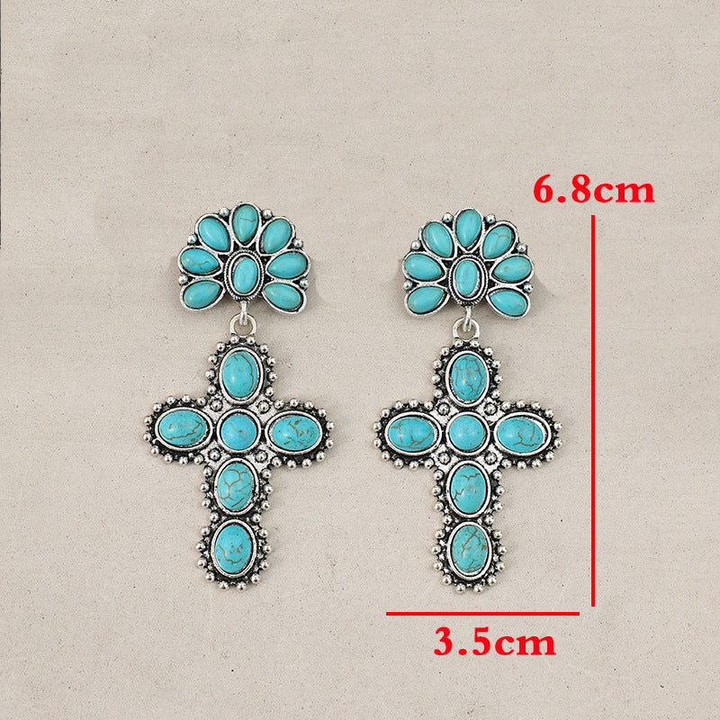 Wholesale Alloy Electroplated Retro Earrings,  Half Flower Turquoise Cross  Design,  Fashion Accessory for Boutique Resale