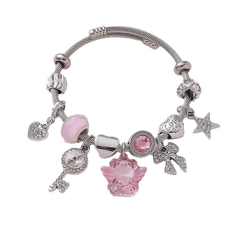 Wholesale crystal angel wings bear full diamond bow DIY open bracelet