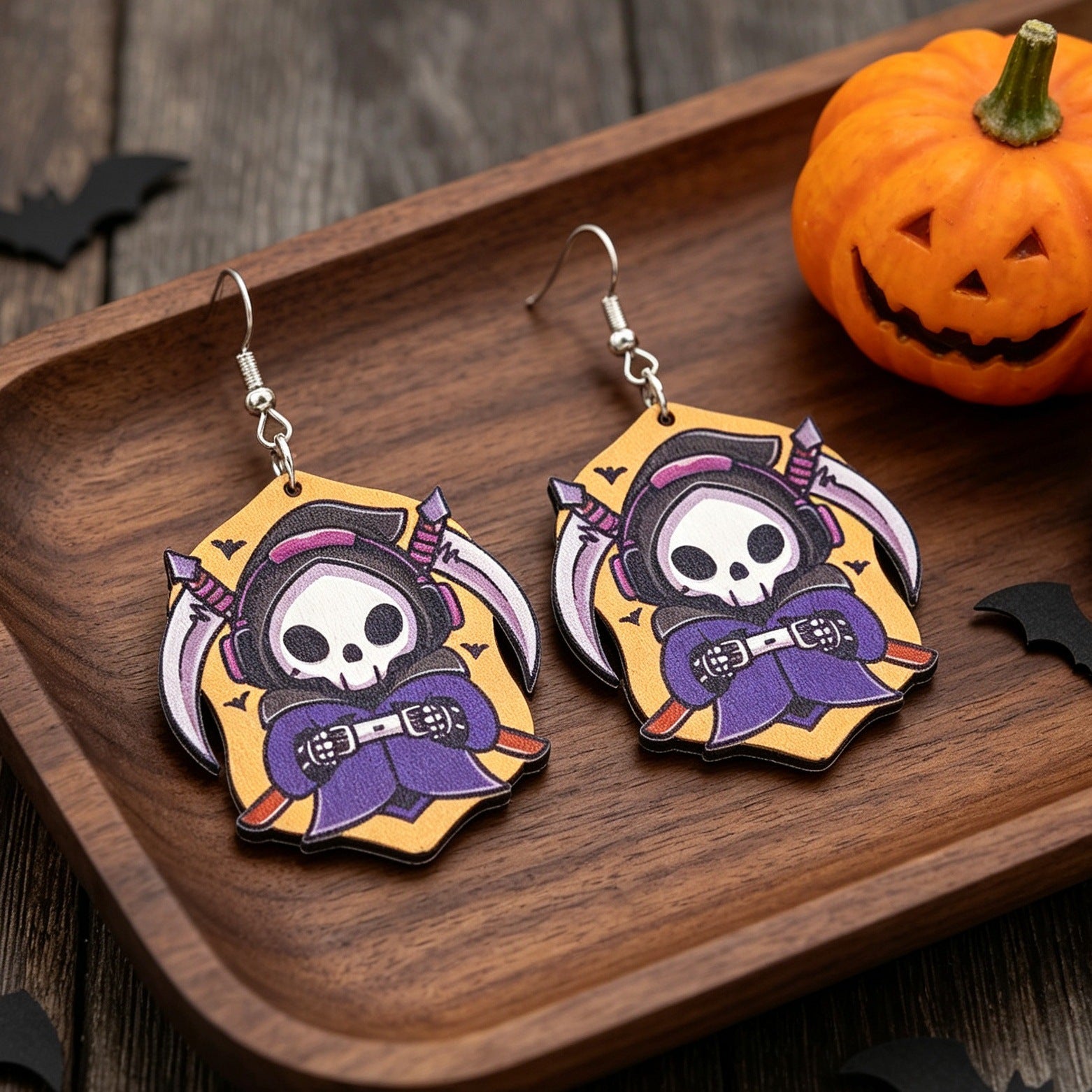 Wholesale  Cartoon Death Sickle Wooden Earrings Skull Bat Print Fashion Accessory Gift Boutique Resale