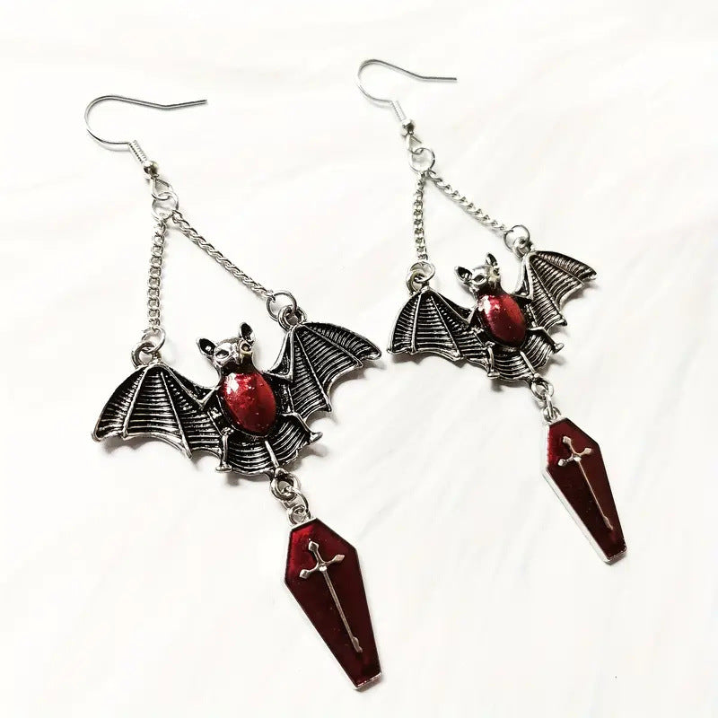 Wholesale dark gothic exaggerated red vampire bat earrings