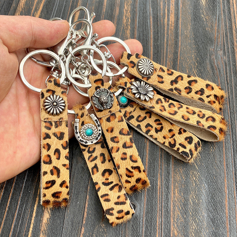 Wholesale Western Style Alloy Leather Pendant Leopard Print Keychain Bulk Keychains ACC-KC-XinChuan005