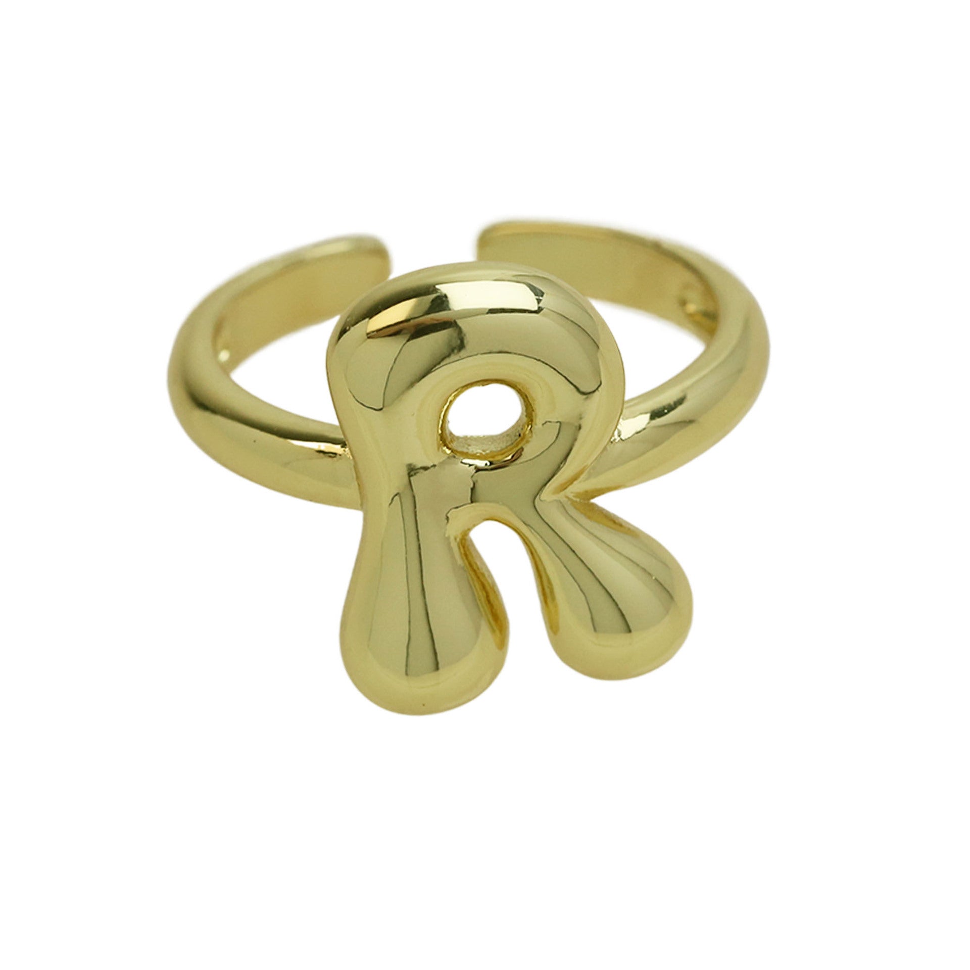Wholesale  18k Golden Glaze Brass Bubble Balloon Bubble Cute Chubby 26 Letter Ring
