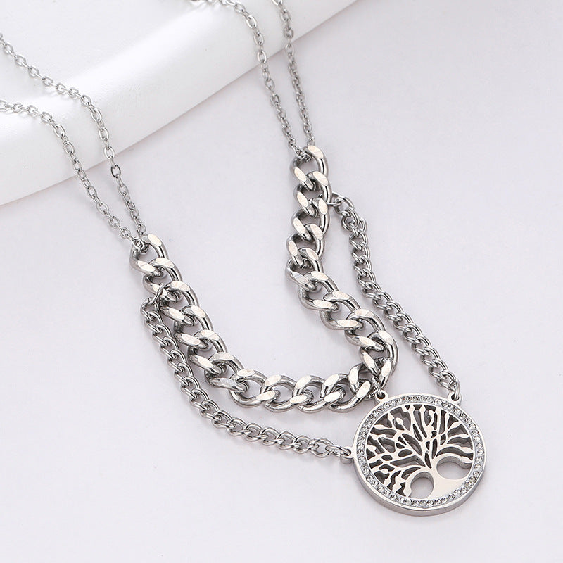 Wholesale Tree of Life Titanium Steel Necklace Double Layer