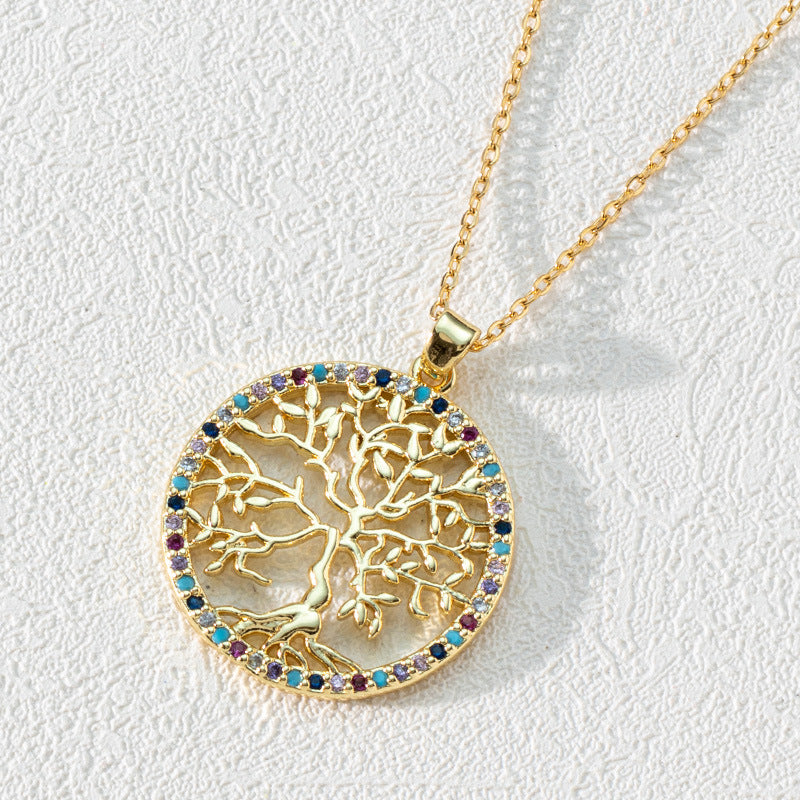 Wholesale Round Hollow Tree of Life Pendant Necklace 18K Gold Plated Necklace Zircon Necklaces ACC-NE-SY007