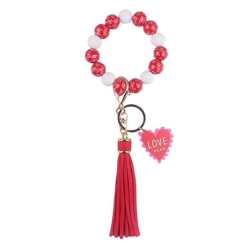 Wholesale Leather PU Tassel Valentine's Day Wooden Beaded Bracelet Keychain