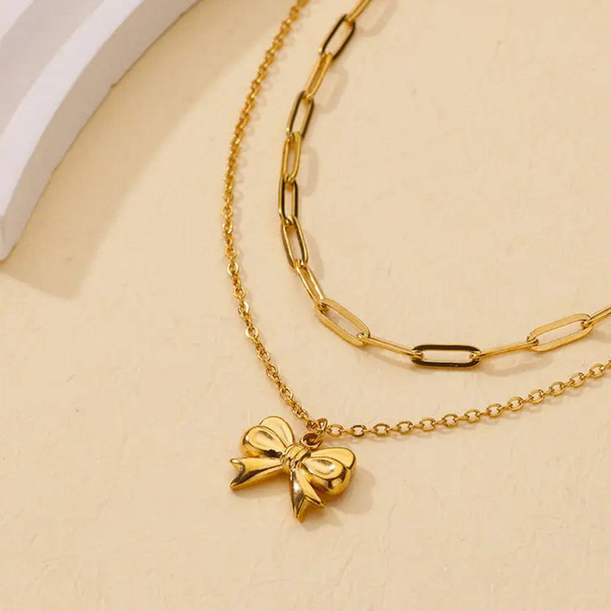 Wholesale  Stainless steel bow chain 18k gold double layer stacked wearing necklace