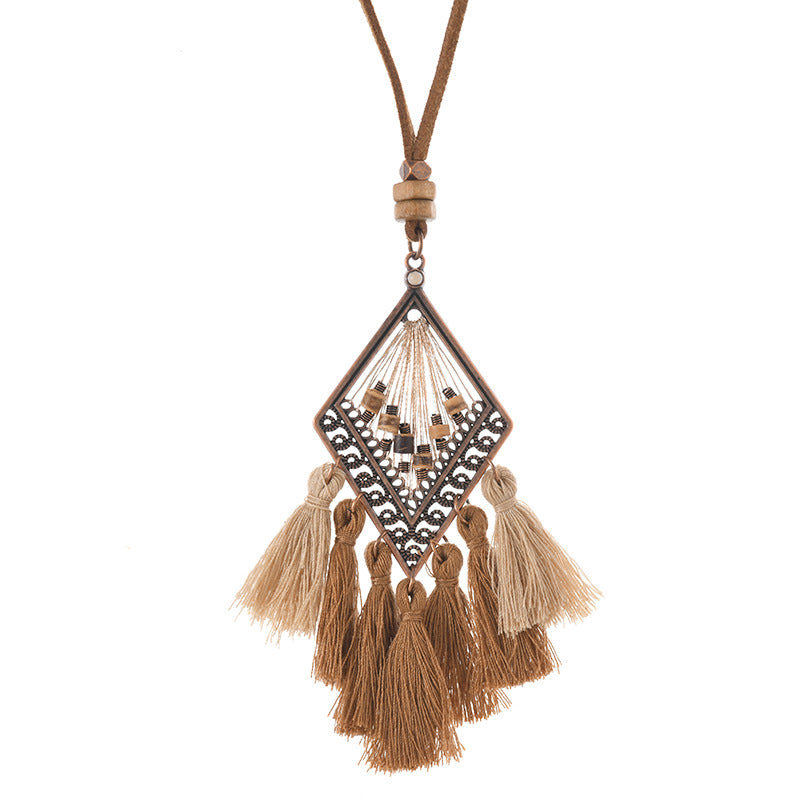 Wholesale Bohemian Vintage Long Tassel Necklace,  Handwoven Mixed Material Pendant,  Chic Jewelry Accessory for Women