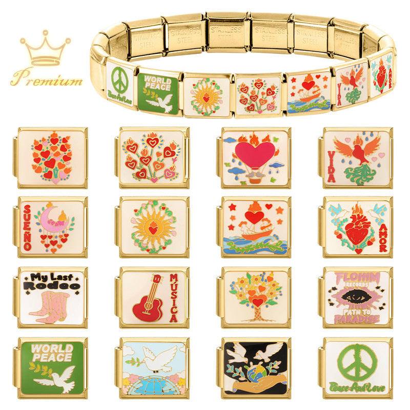 Wholesale Stainless Steel DIY Bracelet Gold Plated Love Music Peace Theme Fashion Accessory for Jewelry Making