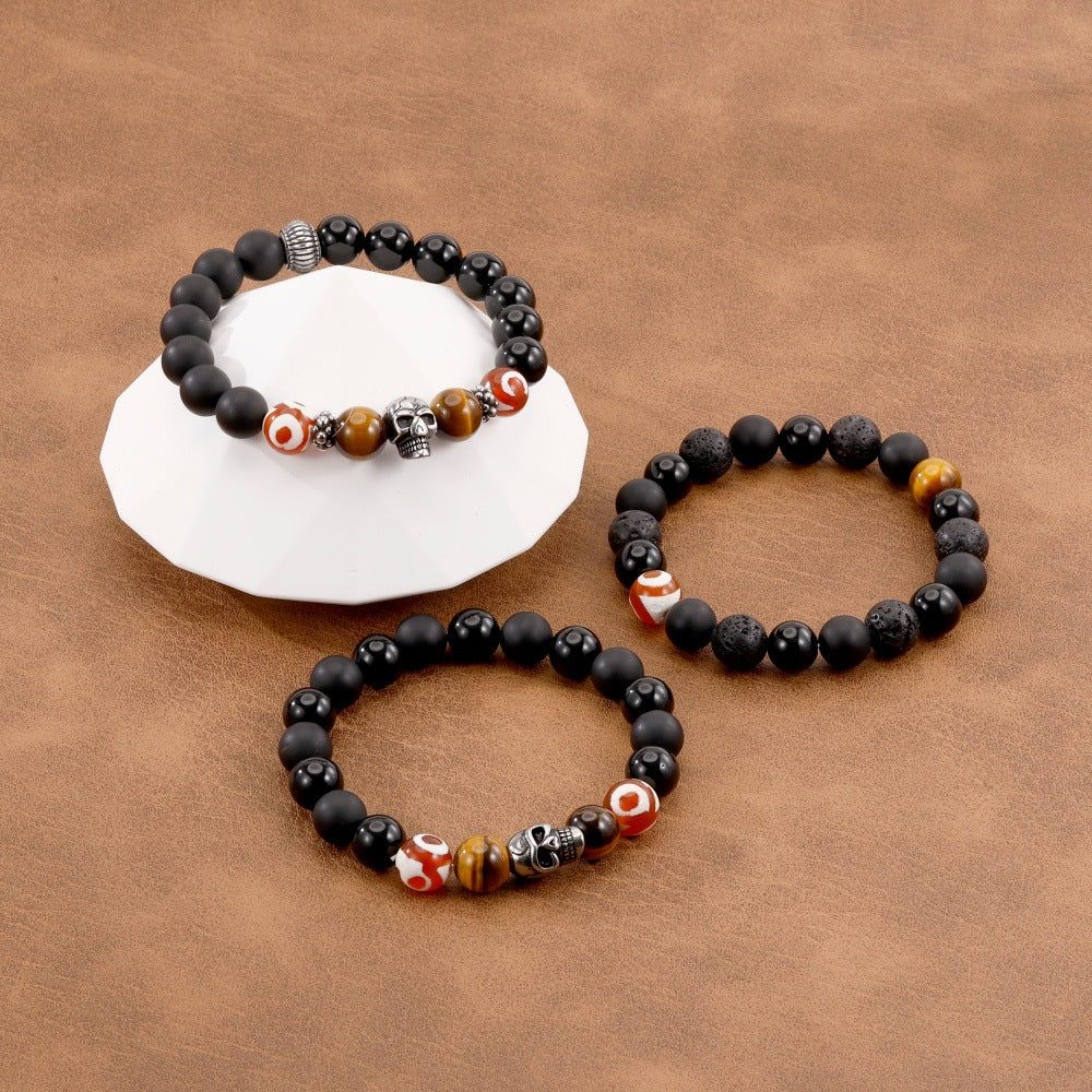 Wholesale Men' s semi-precious stone wolf head bracelet frosted black agate elastic bracelet