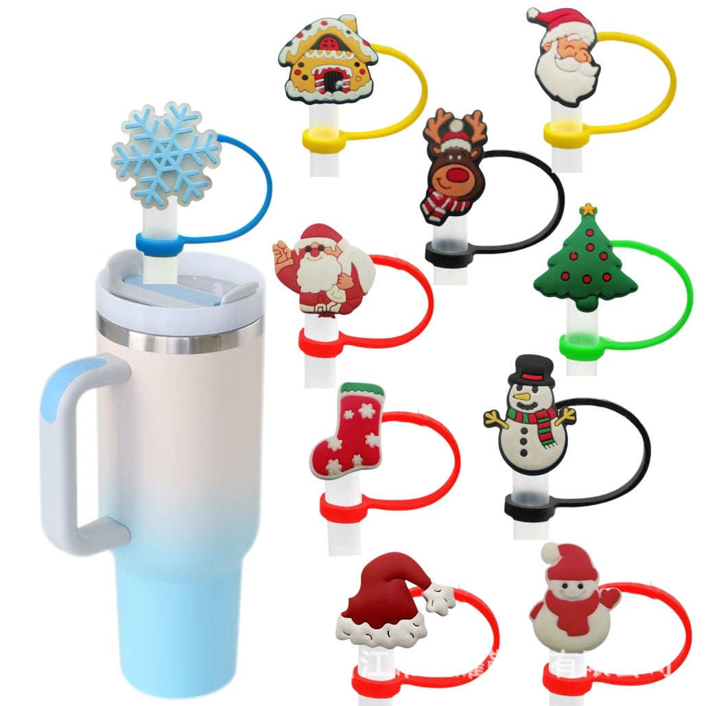 Wholesale 10pcs Christmas themed food grade silicone Straw Cover Straw Tube Cap
