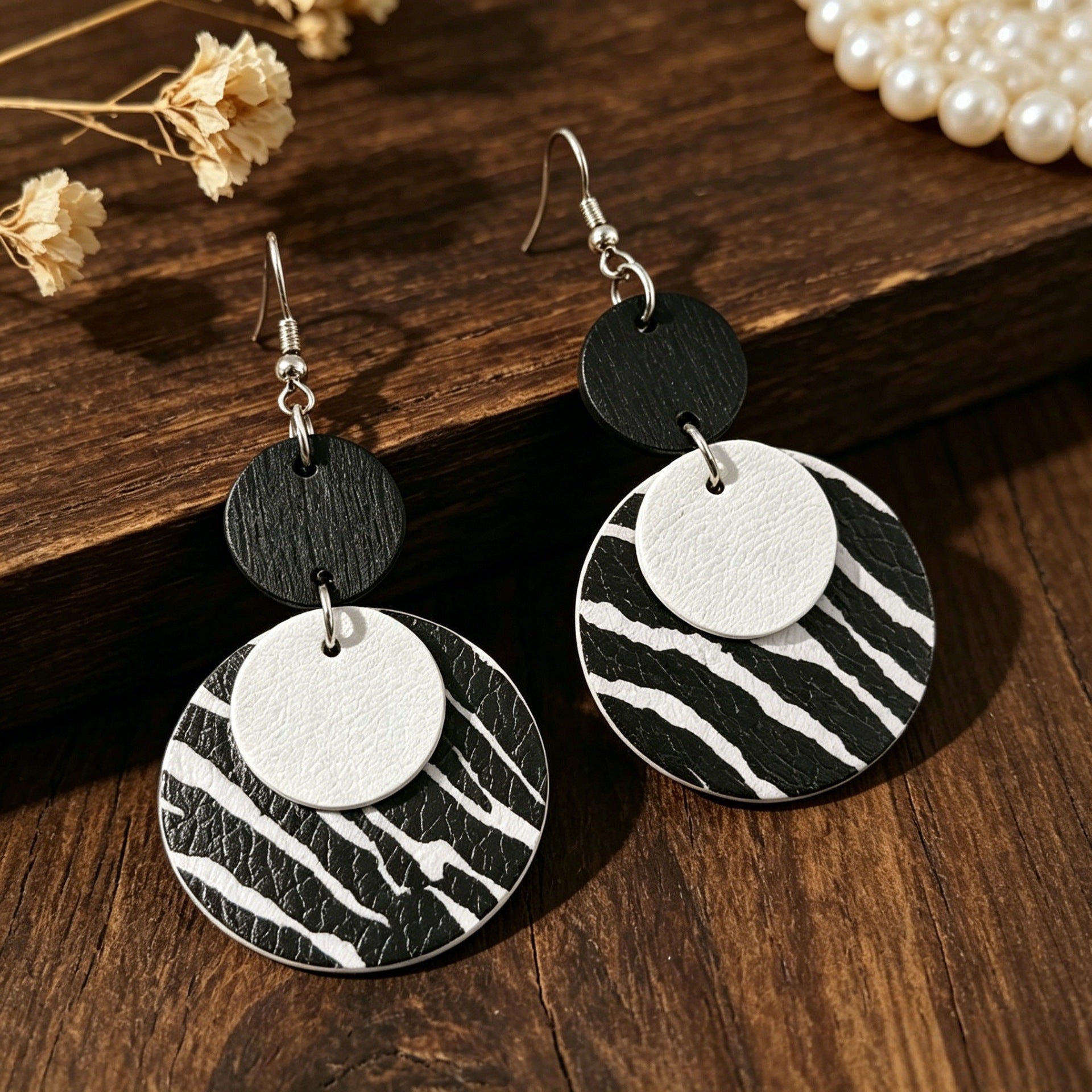 Wholesale Leather Earrings,  Black White Zebra Multi-Layered Round - Boutique Resale Jewelry Accessory