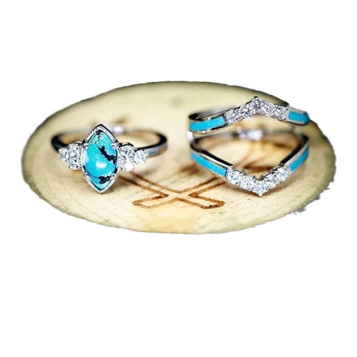 Wholesale retro diamond blue turquoise three-piece ring