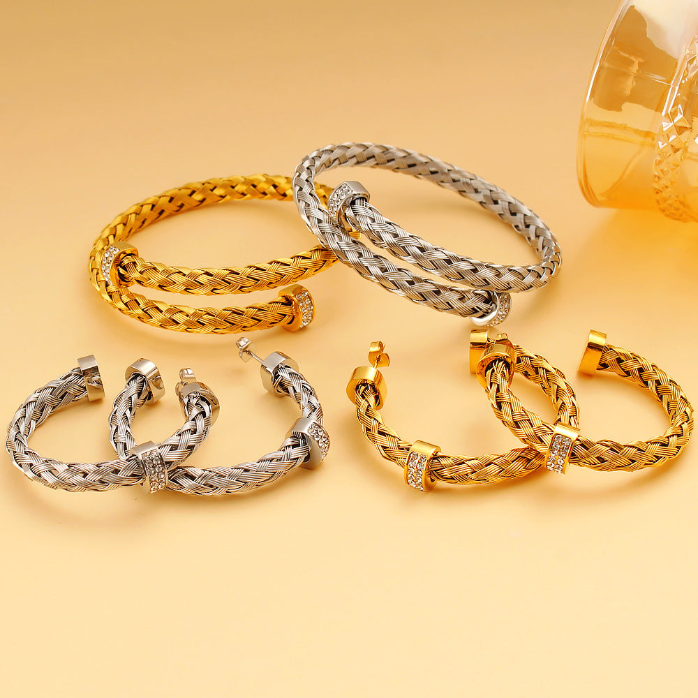 Wholesale Stainless Steel Bracelets Braided Open Bracelet 18K Gold Bracelet Earrings Set ACC-BT-Yueshi003