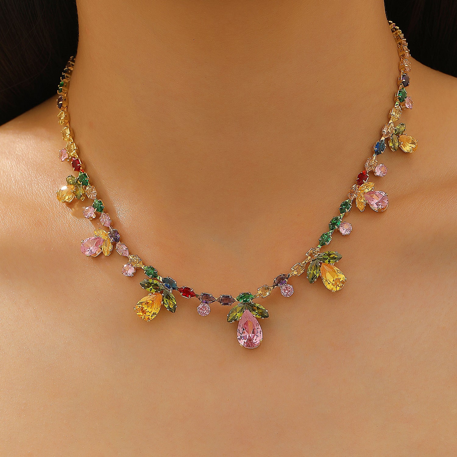 Wholesale Colorful Zircon Teardrop Leaf Necklace and Earring Set