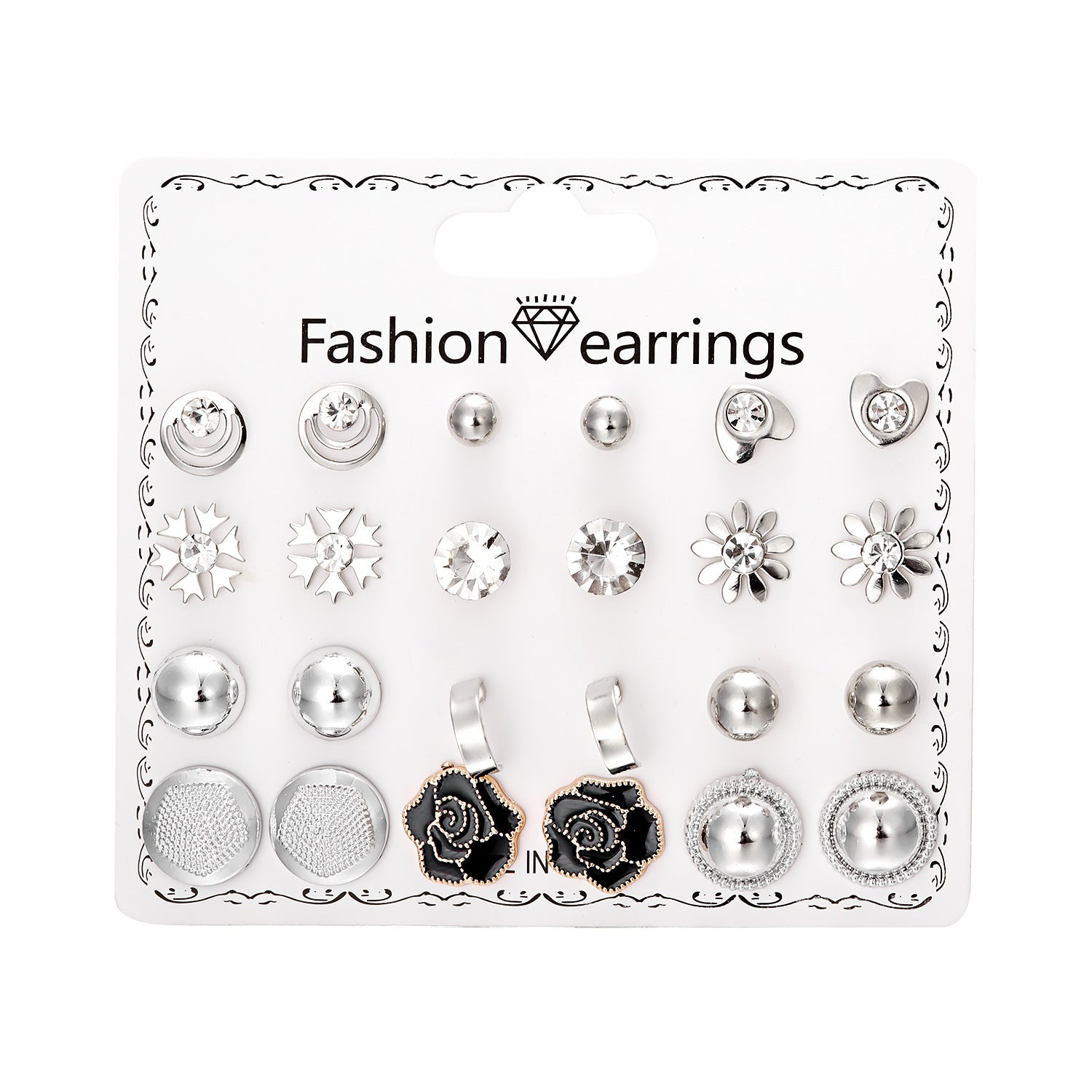 Wholesale month combination earrings 12 pairs of flowers love stars and moon diamond  earrings suit