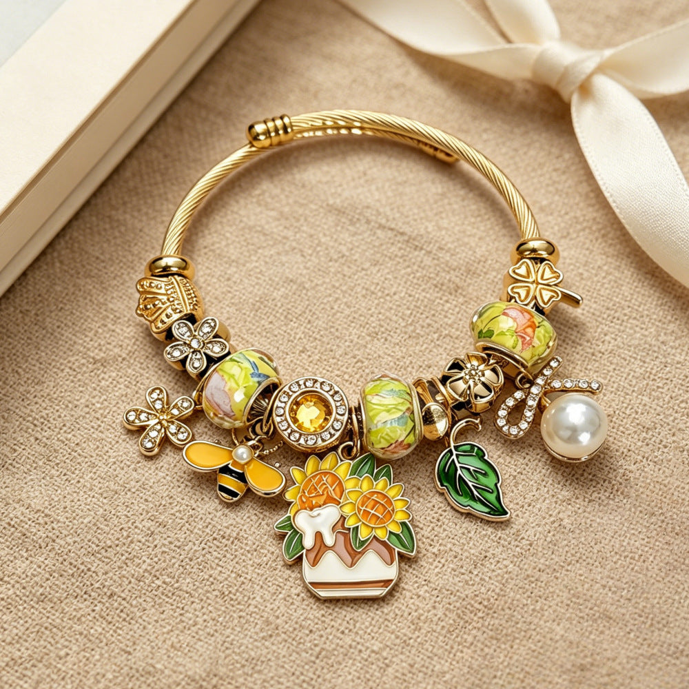 Wholesale Trendy DIY Glass Bead Bracelet With Sunflower Bee Pearl Pendant Adjustable Stainless Steel Women S Fashion Accessory