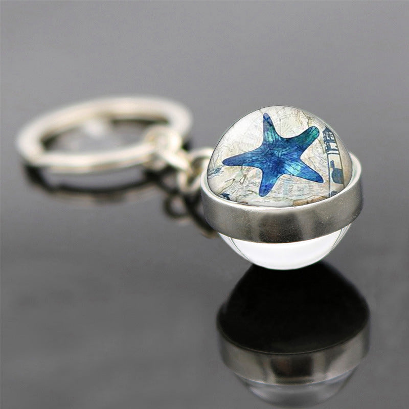 Wholesale Retro Starfish Turtle Marine Life Double Sided Glass Ball Keychain ACC-KC-JiaYun003