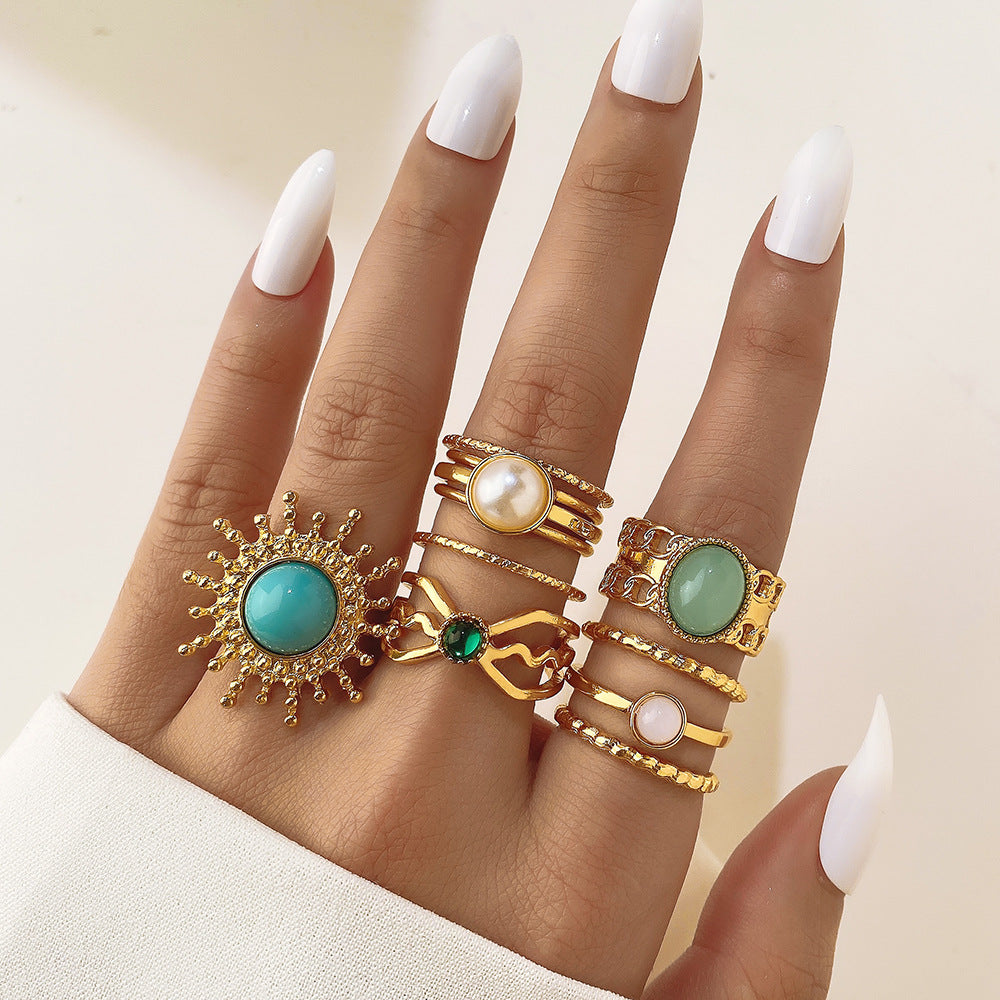 Wholesale  turquoise twist ring 6-piece gold wave knuckle ring