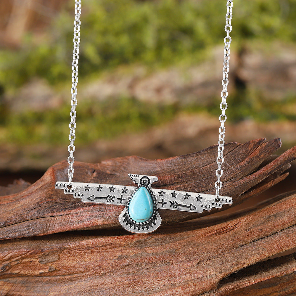 Wholesale Retro Hollow Lotus Leaf Cow Hummingbird Turquoise Necklace