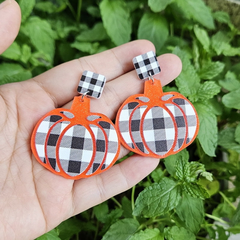 Wholesale Acrylic Plaid Leopard Pumpkin Earrings Fashion Jewelry Accessory for Autumn