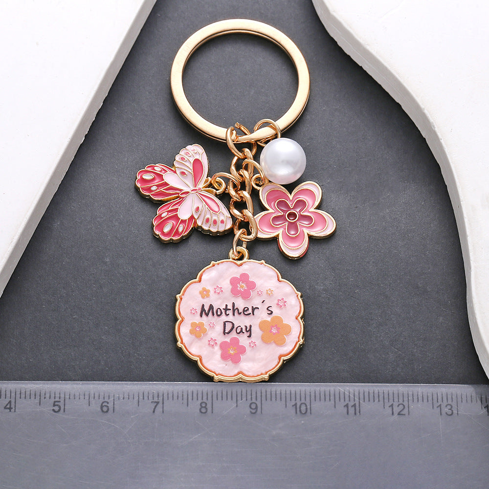 Wholesale Oil Dropping Pink Butterfly Flowers Pearl MOTHER' S DAY Keychain Jewelry Pendant Mother Holiday Gift