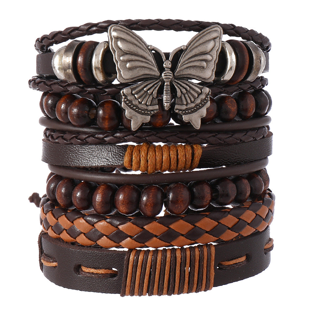 Wholesale Stylish Retro Butterfly Handmade Leather Bracelet Set 6 Piece Unisex Jewelry Accessory For Gift And Boutique Resale