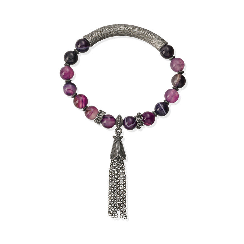 Wholesale New Chinese Style Gun Black Stone Bead Bracelet With Tassel Unisex Retro Wedding Gift Jewelry Accessory