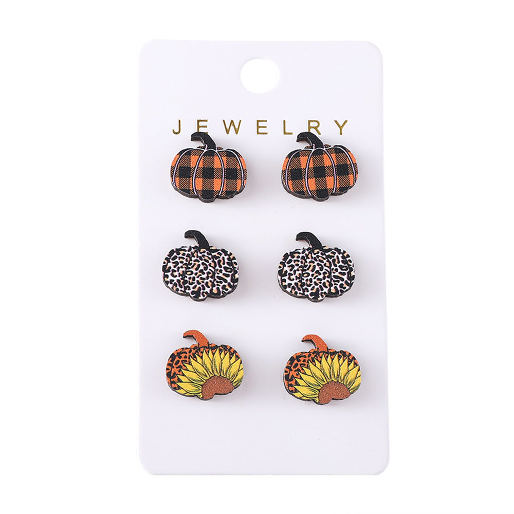 Wholesale Thanksgiving Day Leopard Print Plaid Star Pumpkin Wood Earrings Set ACC-ES-ChuLian040