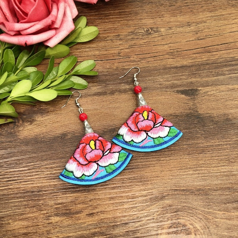 Wholesale Hand Embroidery Vintage Ethnic Style Fabric Earrings Flower Tassels ACC-ES-Luox008